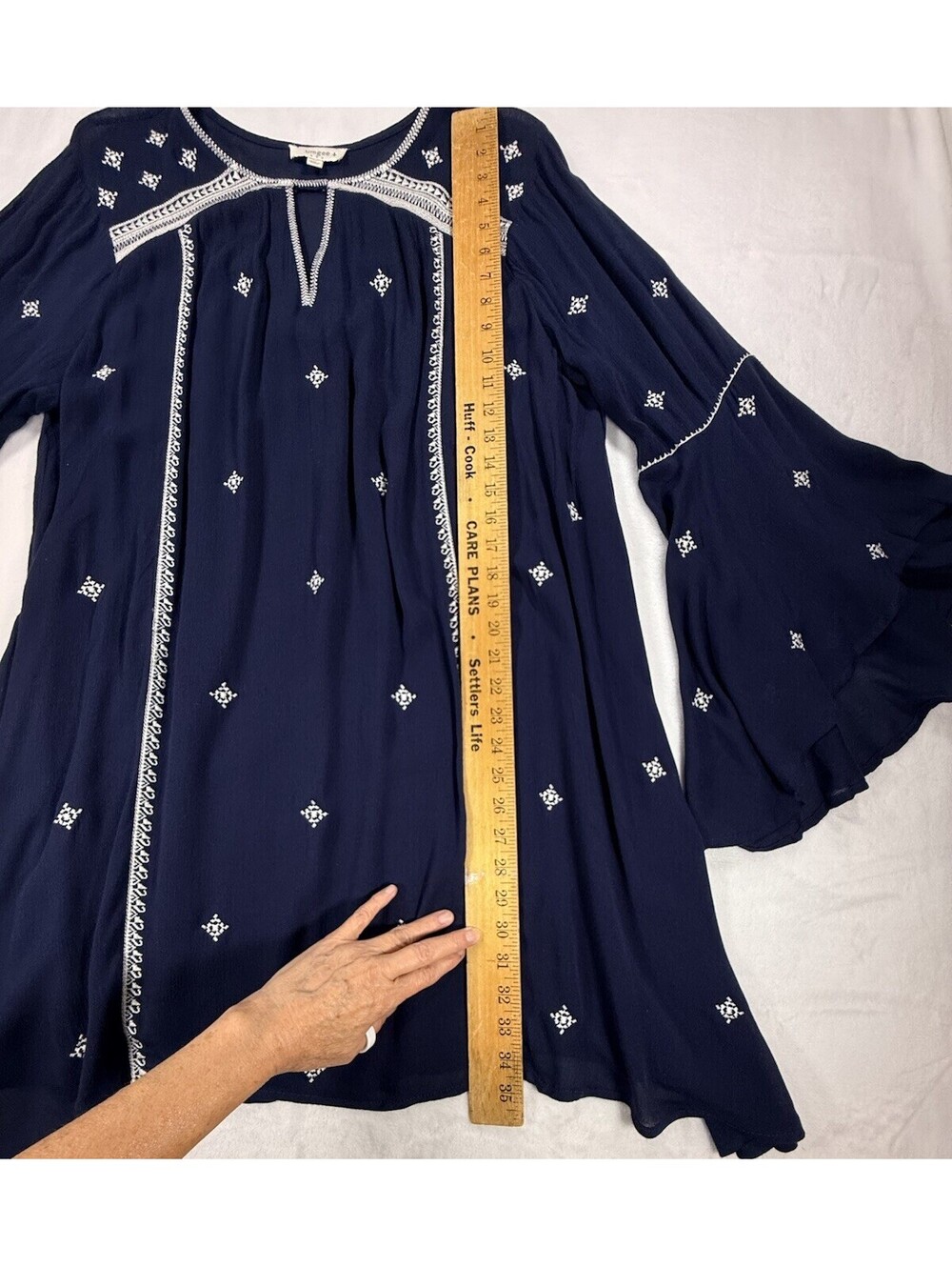 Umgee XL Navy Blue Embroidered Boho Tunic Bell Sleeve Peasant Blouse Cotton - Picture 9 of 12
